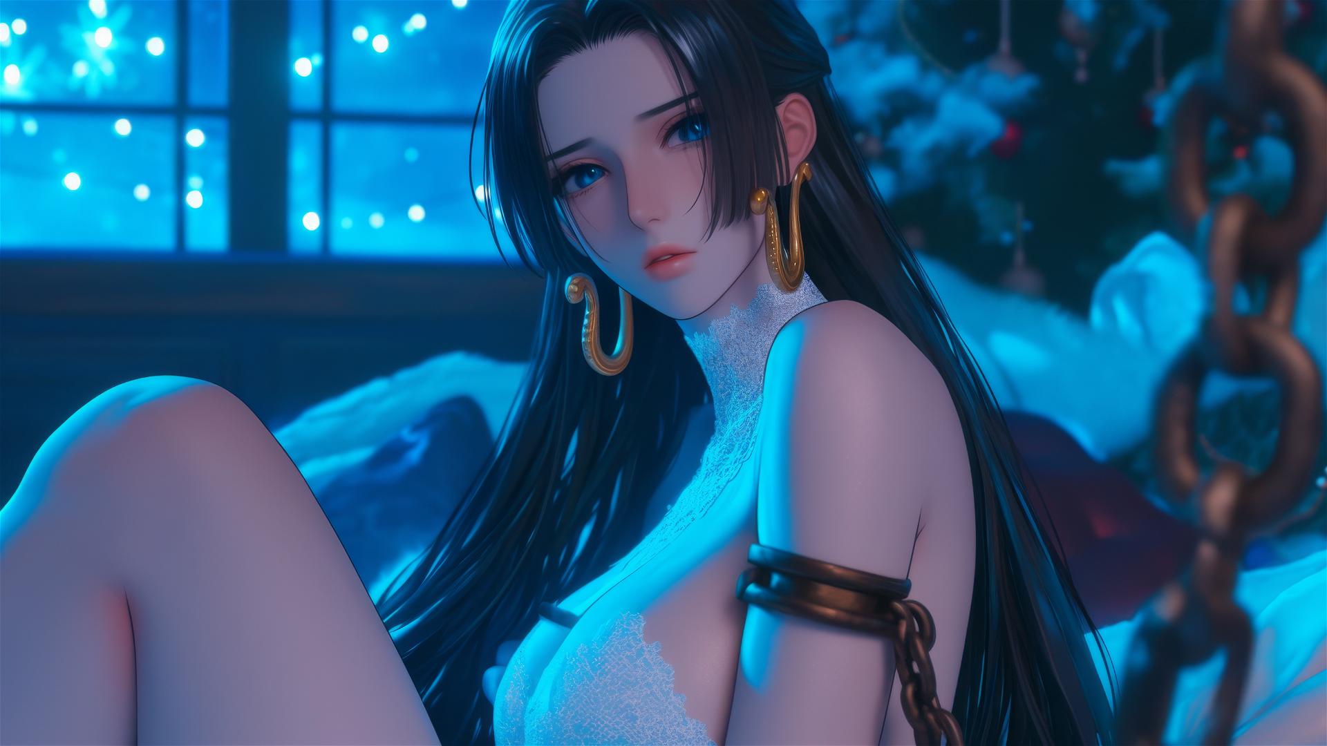 Boa Hancock in Christmas costume, chained, sitting in neon-lit modern hotel room