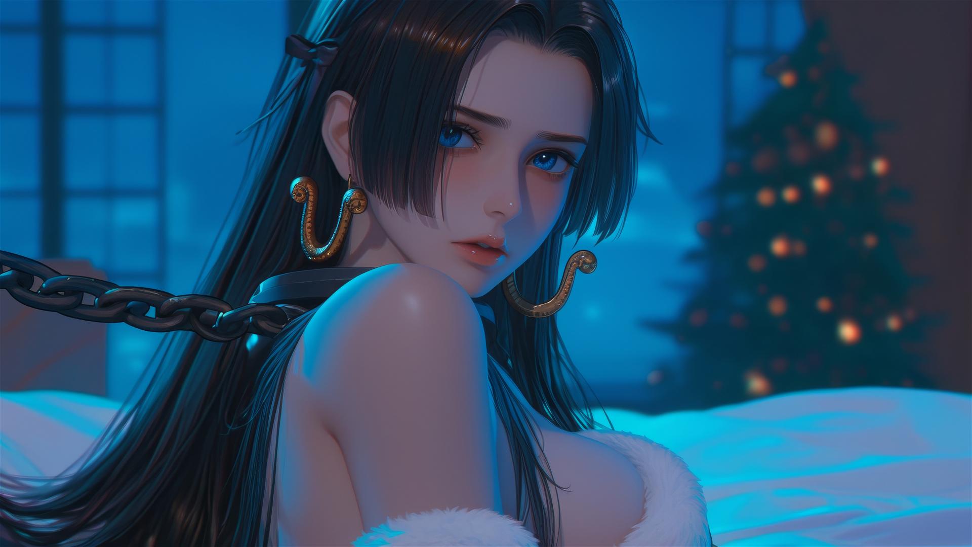 Boa Hancock in Christmas costume chained in neon-lit hotel room