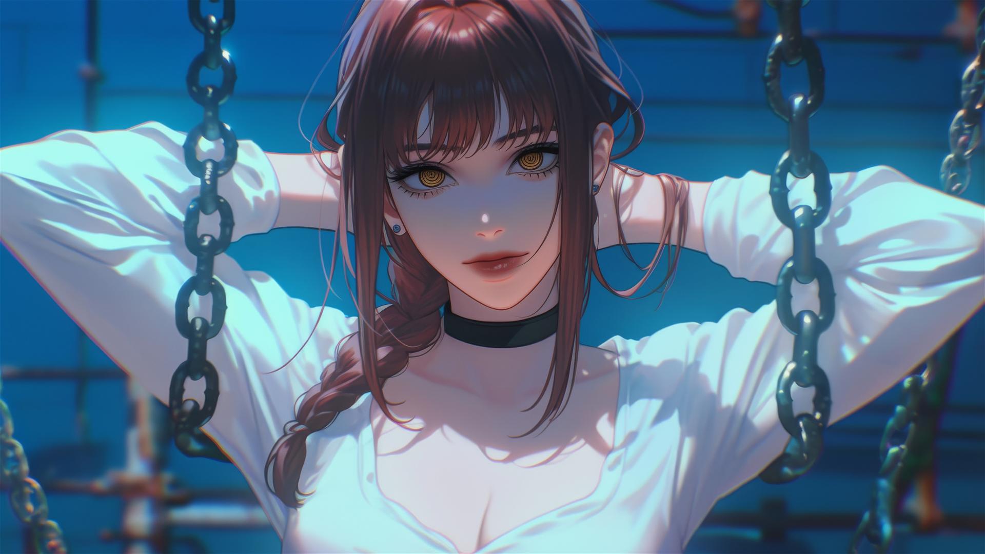 Makima from Chainsaw Man in chains, resting in a bathtub under moonlight
