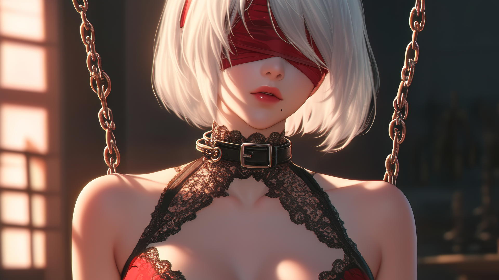2B from Nier with neck locked by thick iron chains, wearing a red blindfold and outfit in a modern hotel room, illuminated by warm light.