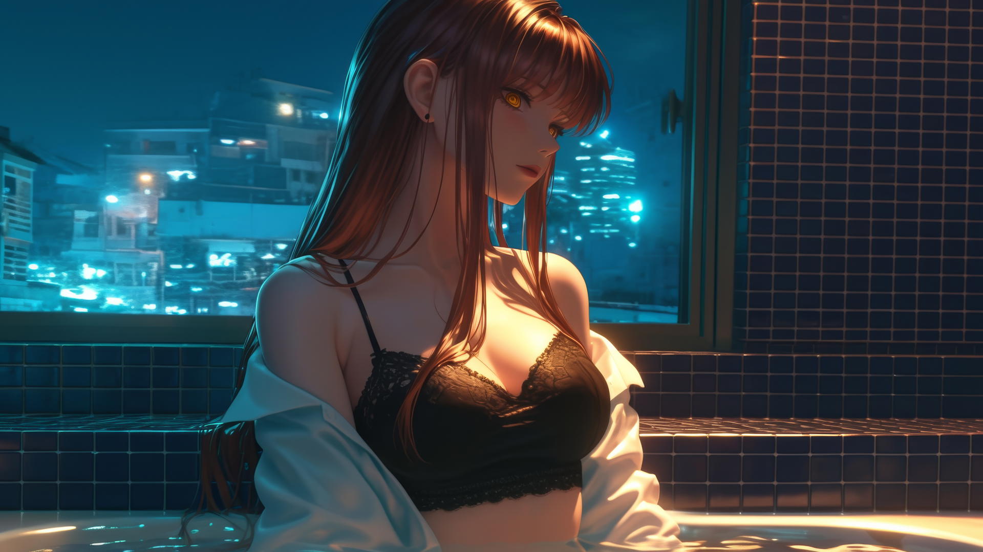Makima from Chainsaw Man viewed from behind at a modern apartment tub with warm light