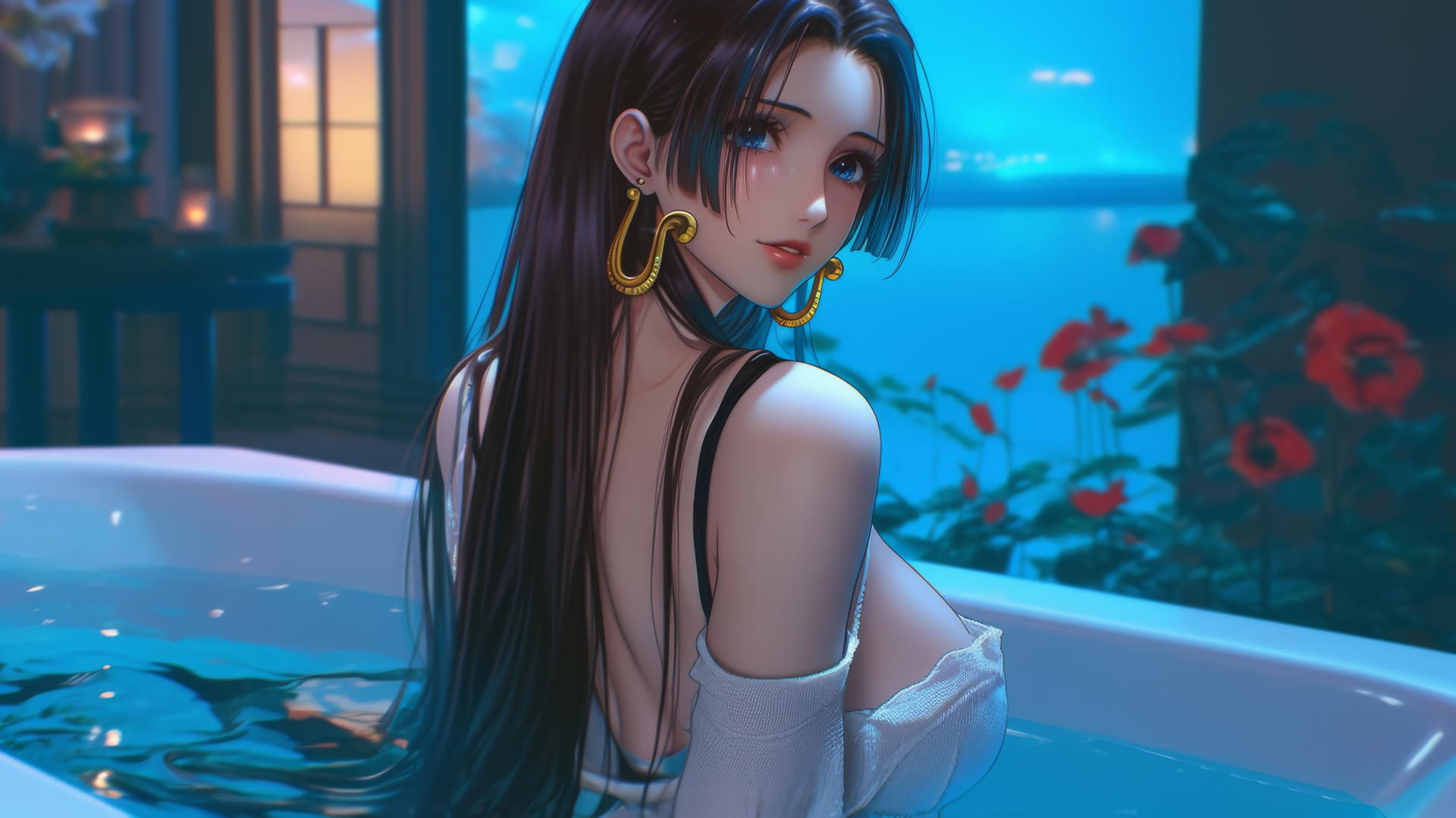 Boa Hancock from One Piece in a modern apartment, warm light glow