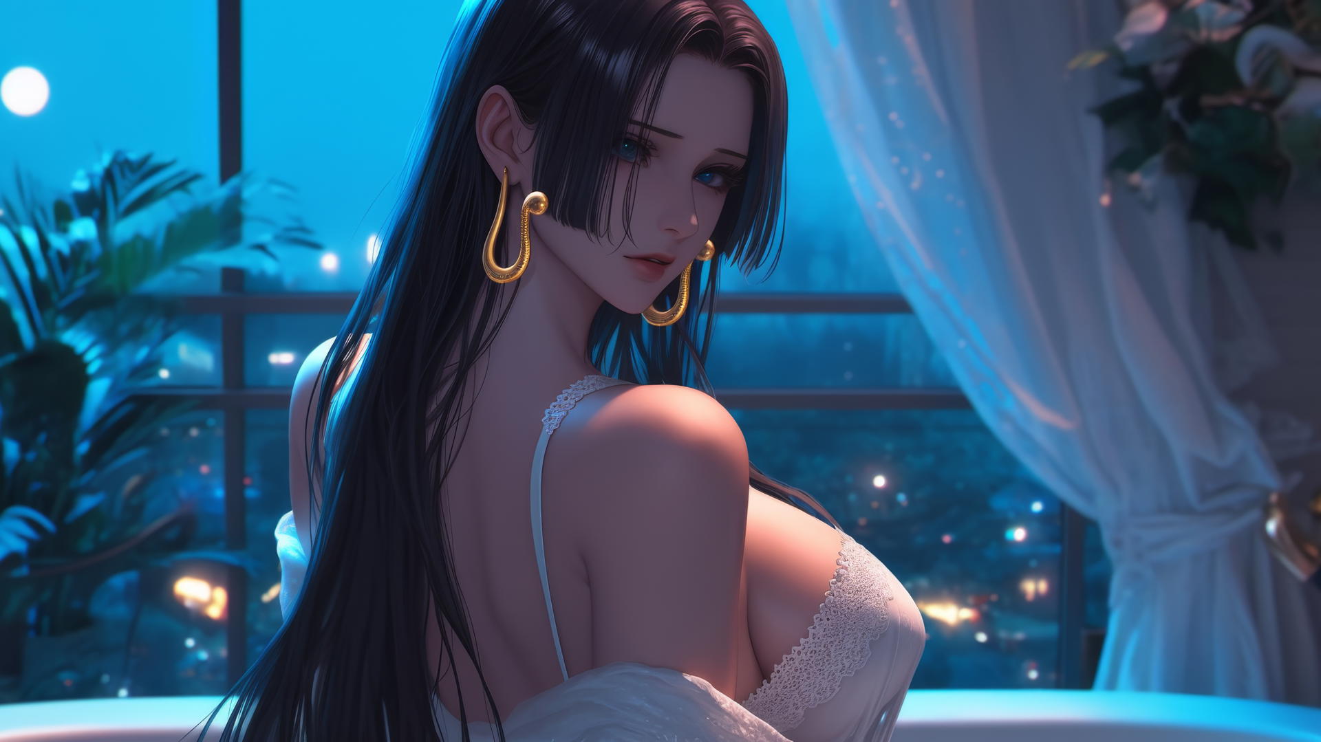 Boa Hancock from One Piece in a modern apartment at sunrise, with neon lighting.