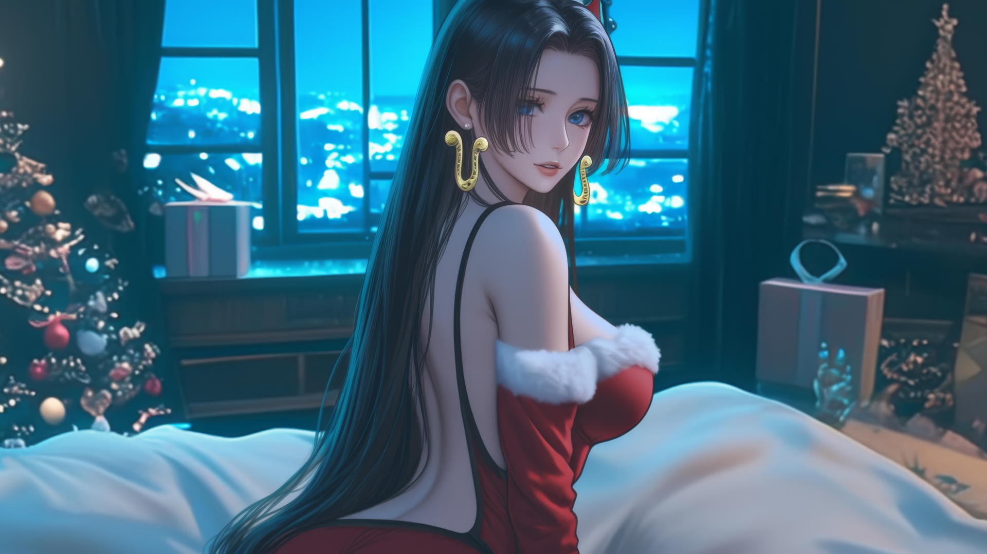 Boa Hancock in red Christmas costume, modern hotel room with decorations