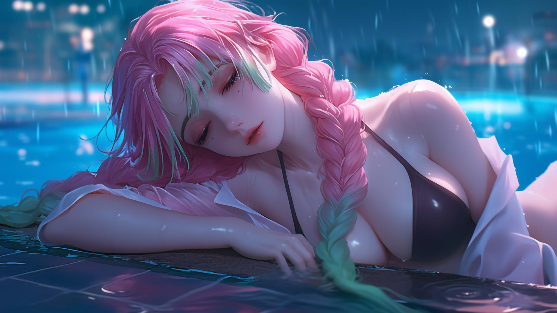 Mitsuri Kanroji resting by a rainy pool, moonlight, pink dress, pink-lime hair