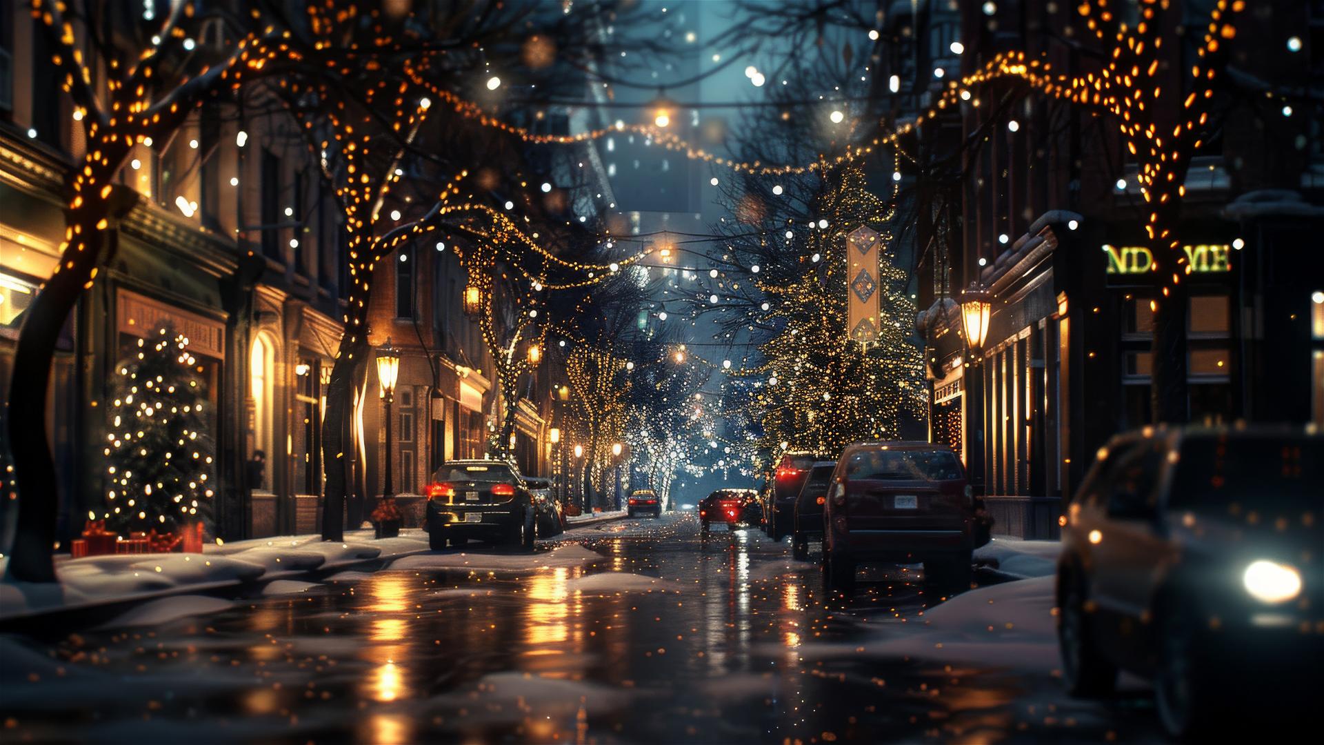 Christmas night on a silent street in a modern city
