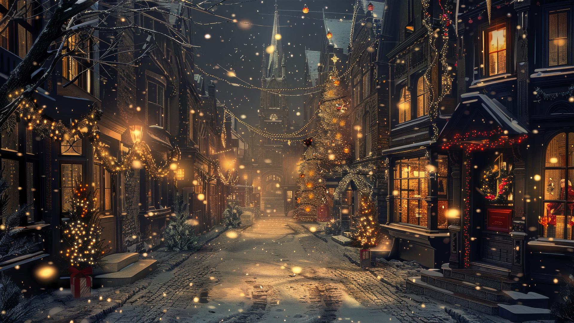 Silent street on Christmas night with festive lights