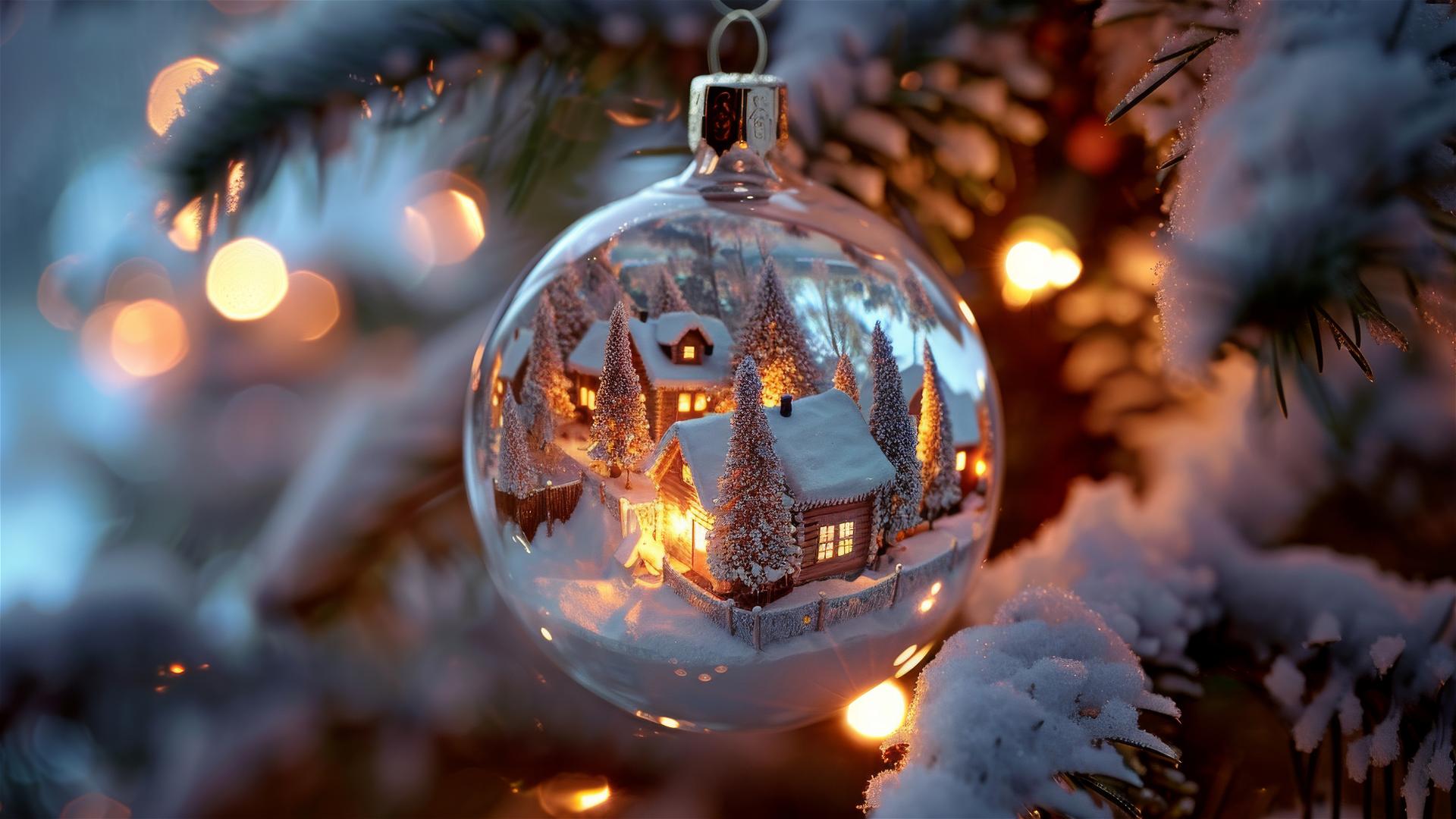 Glass Christmas balls on a tree with snow-covered village scenes inside