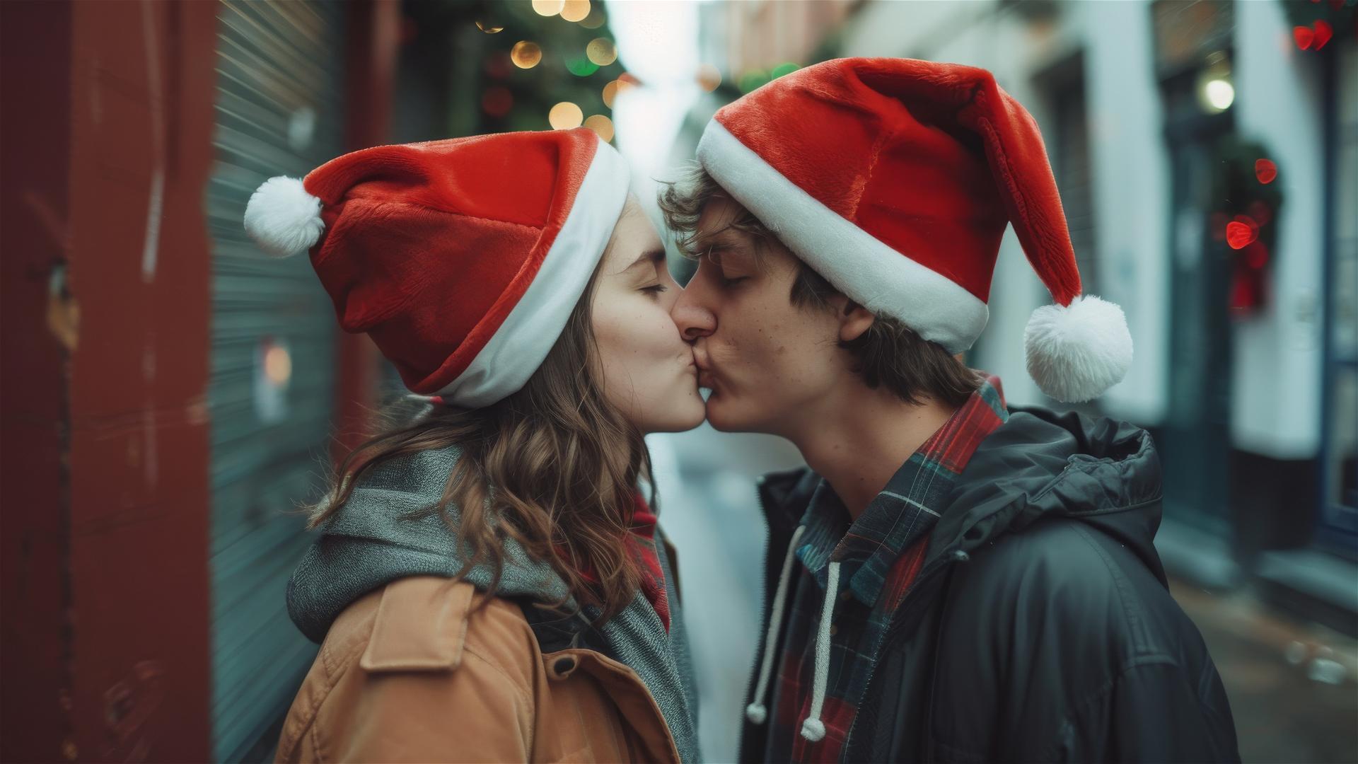 Two lovers kissing in Christmas outfits.