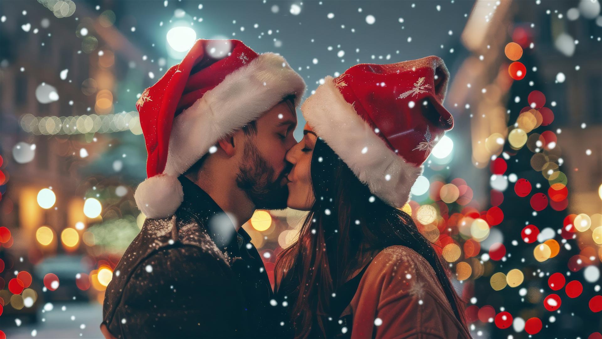 Two lovers kissing in Christmas outfits.
