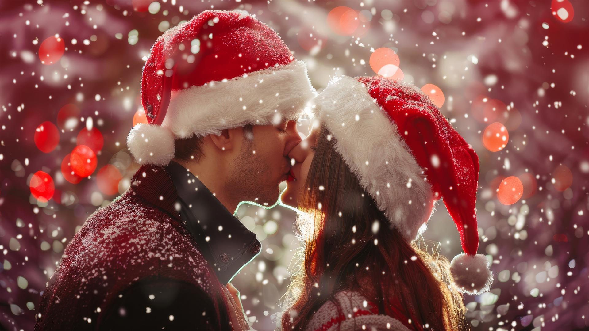 Two lovers kissing in Christmas outfits
