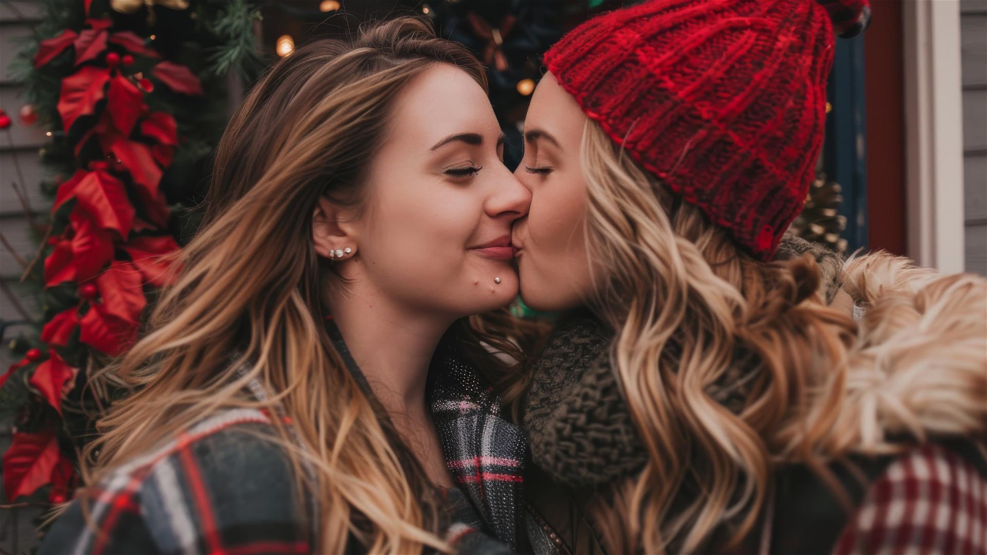 Two women kissing in Christmas outfits