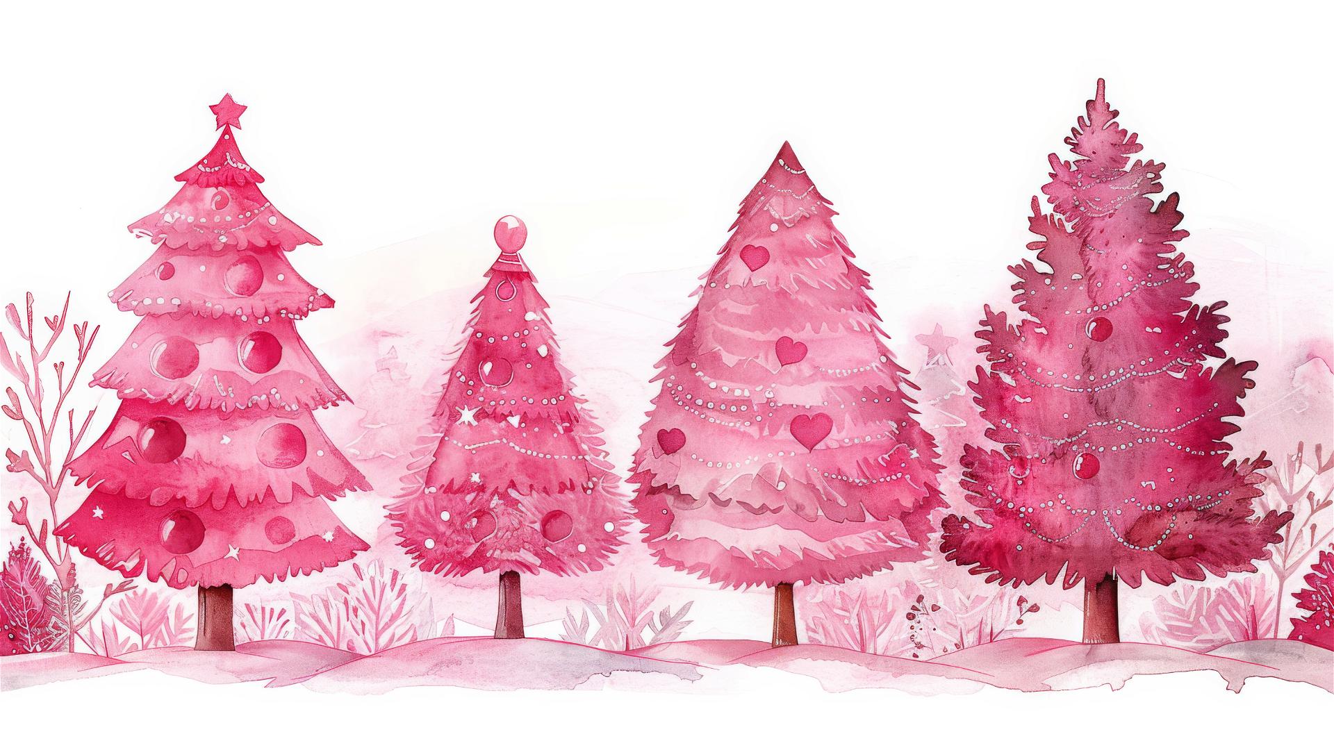 Four pink Christmas trees with decorations on white