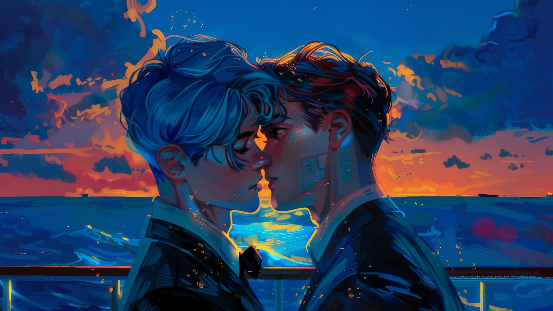 Close-up of two 17-year-old boys, one with blue hair and one with ginger hair, almost kissing on a cruise ship at night.