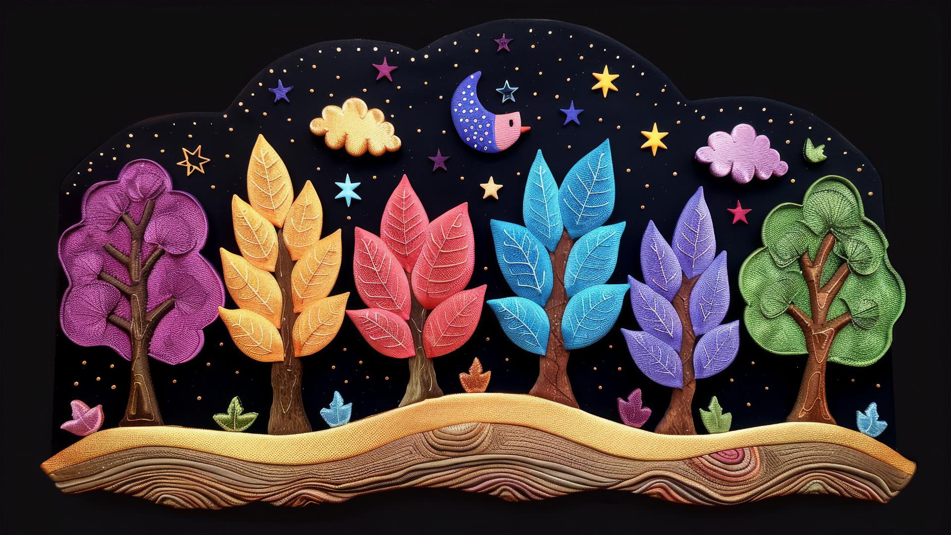 Forest with hidden creatures and autumn leaves under a starry sunset sky