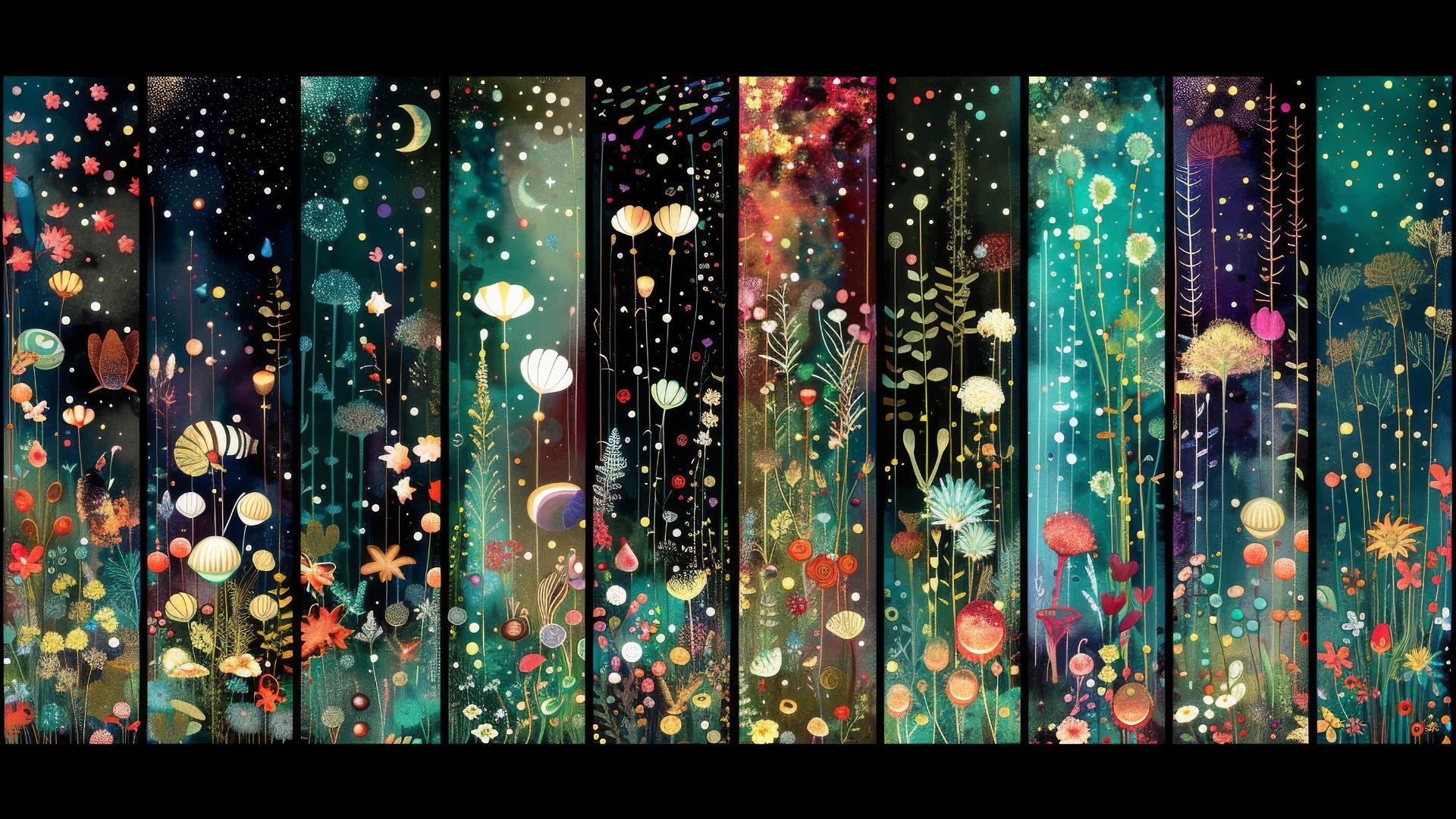 Forest with hidden creatures, autumn leaves, starry night sky, sunset