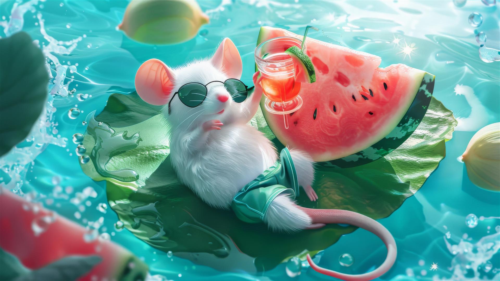 White mouse in green shorts with sunglasses on lotus leaf, near watermelon and iced juice.