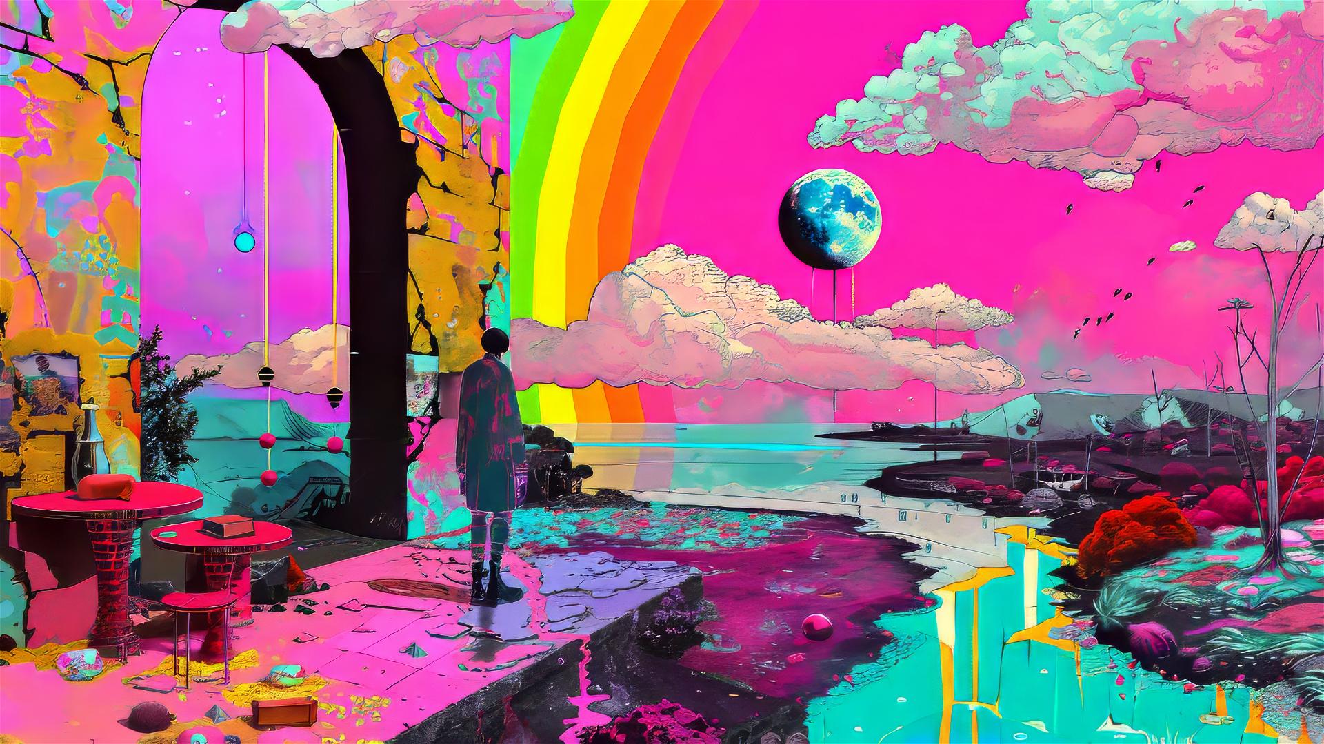 Anaglyphic steampunk hypnagogic maximalism collage with suburban flat shading