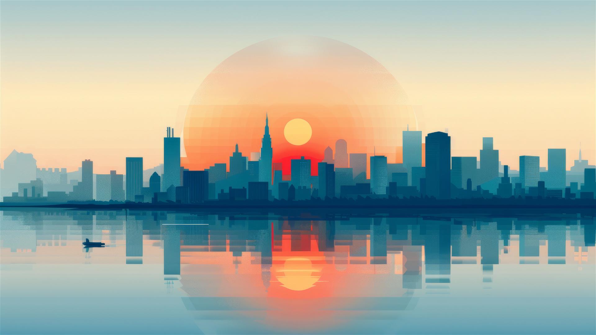 Minimalist cityscape illustration at sunrise with blues and oranges