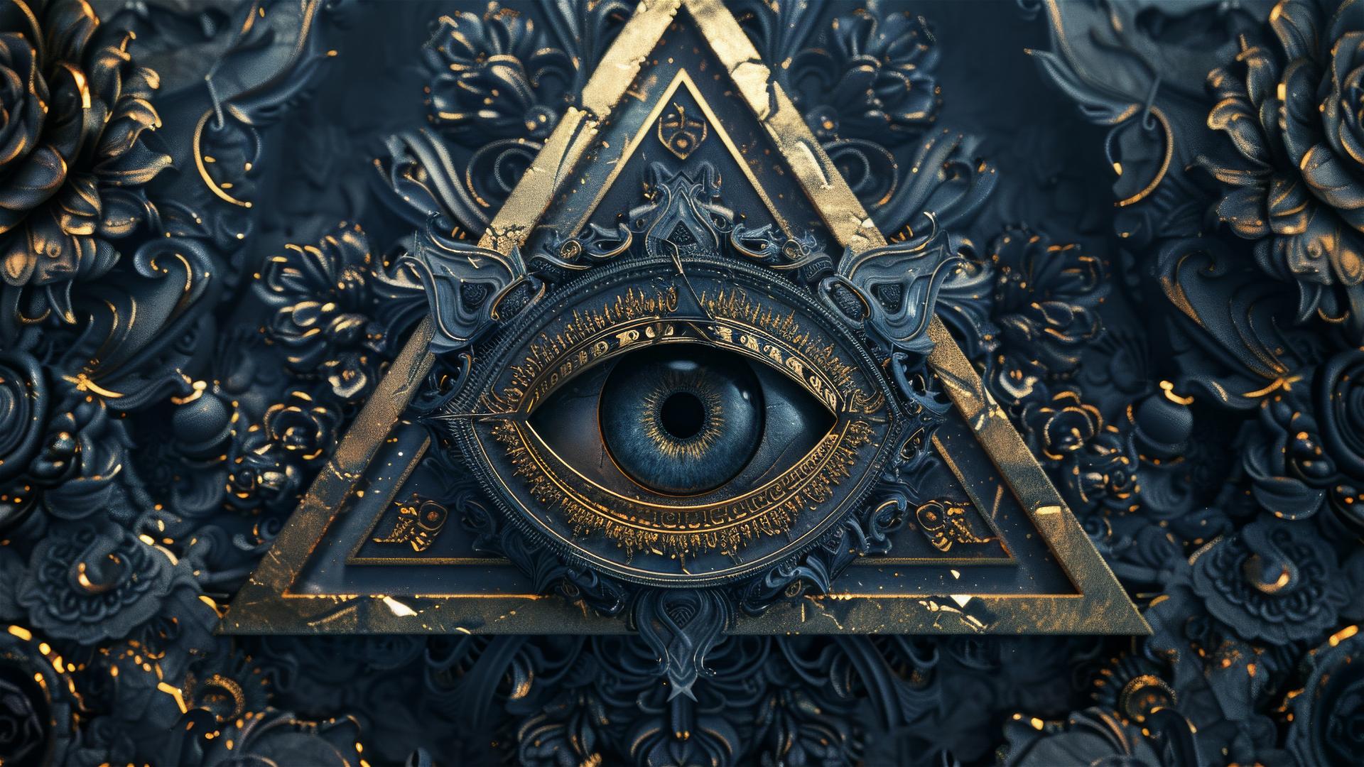 3D render of an all-seeing eye within an Illuminati pyramid with ornate Art Nouveau design in dark blue and gold colors.