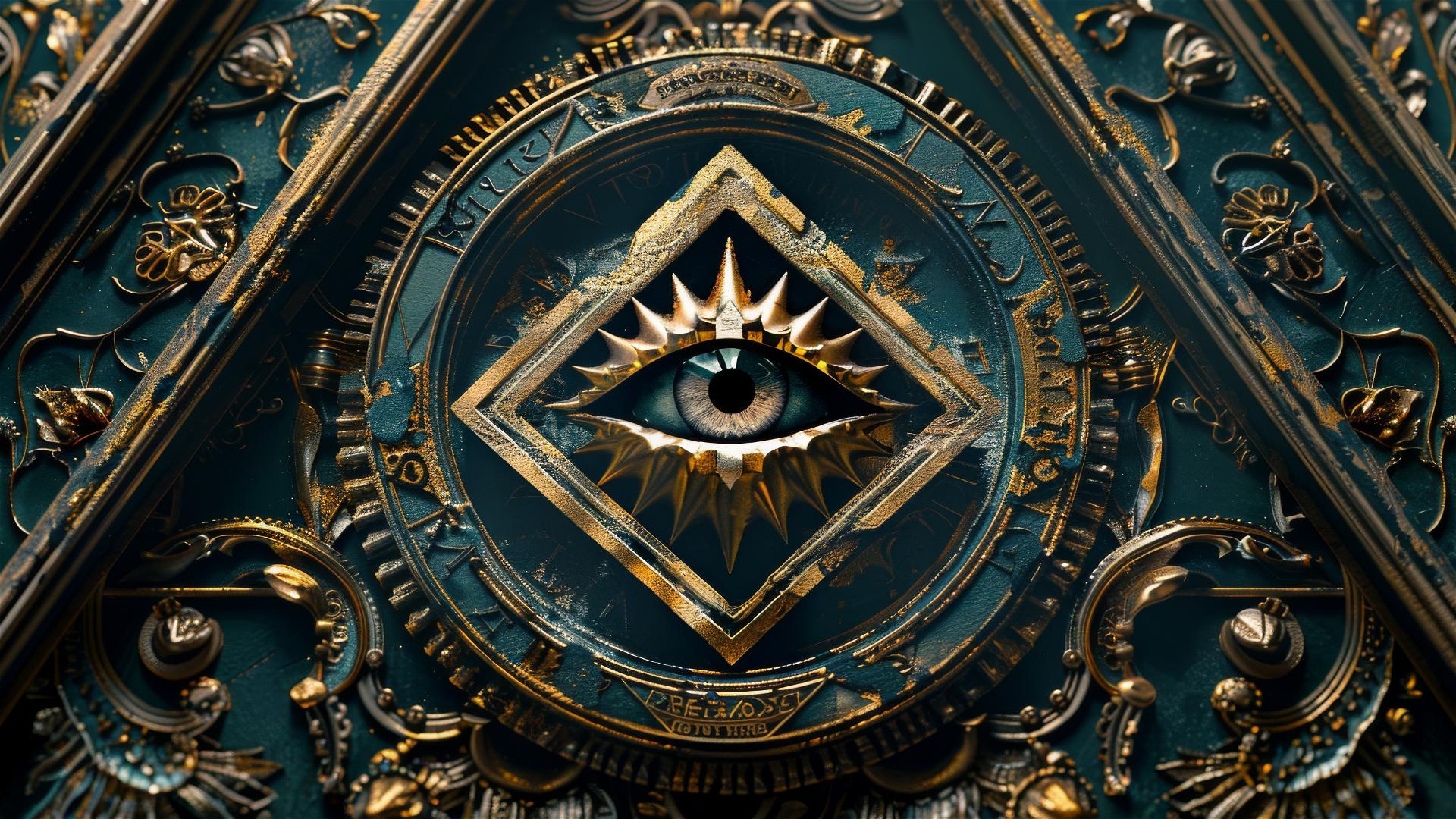 All seeing eye and Illuminati pyramid in symmetrical Art Nouveau style