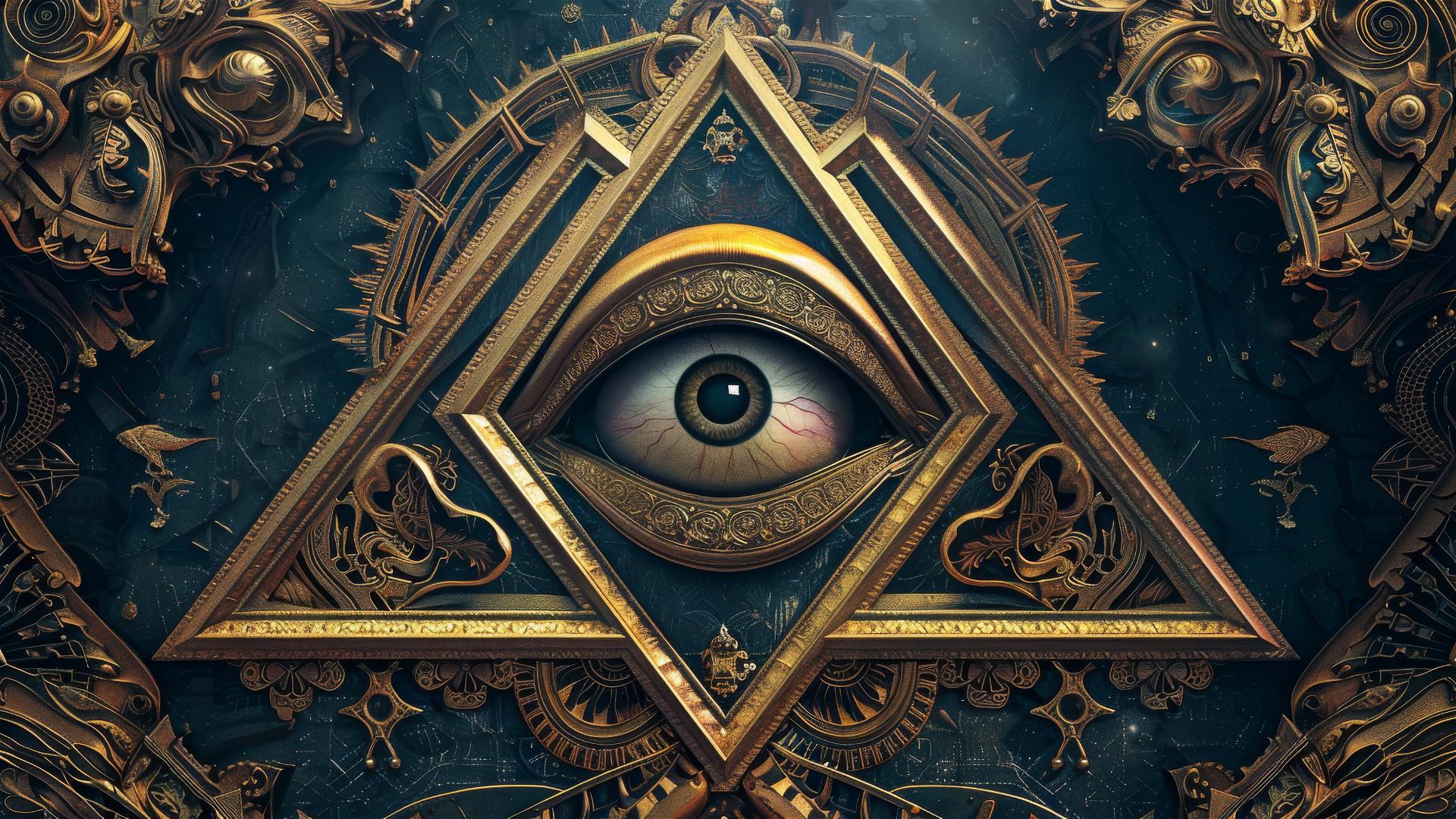 Illuminati pyramid with ornate background in blue and gold