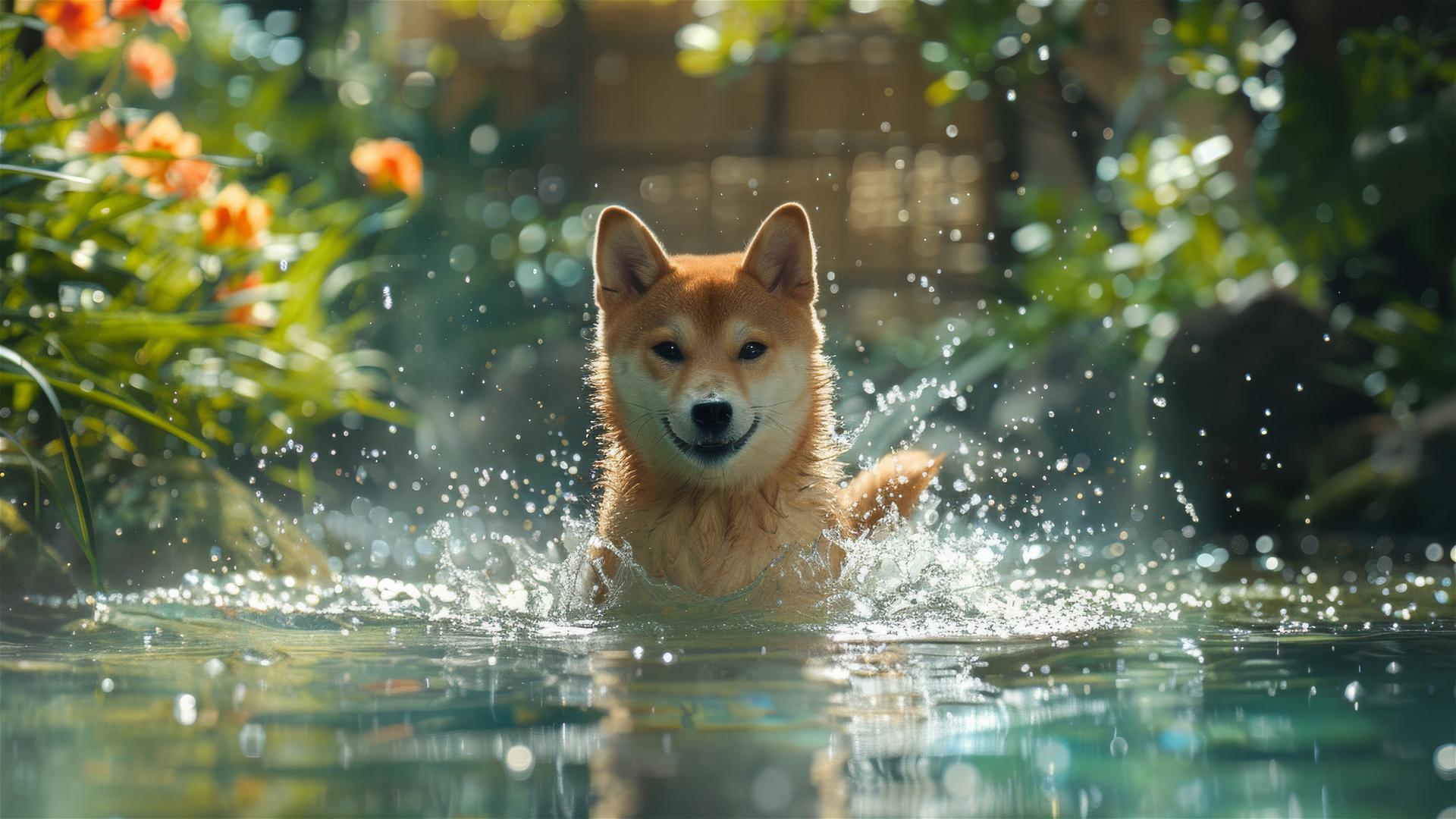 Shiba Inu swimming in a clear blue pond with summer sunbeams