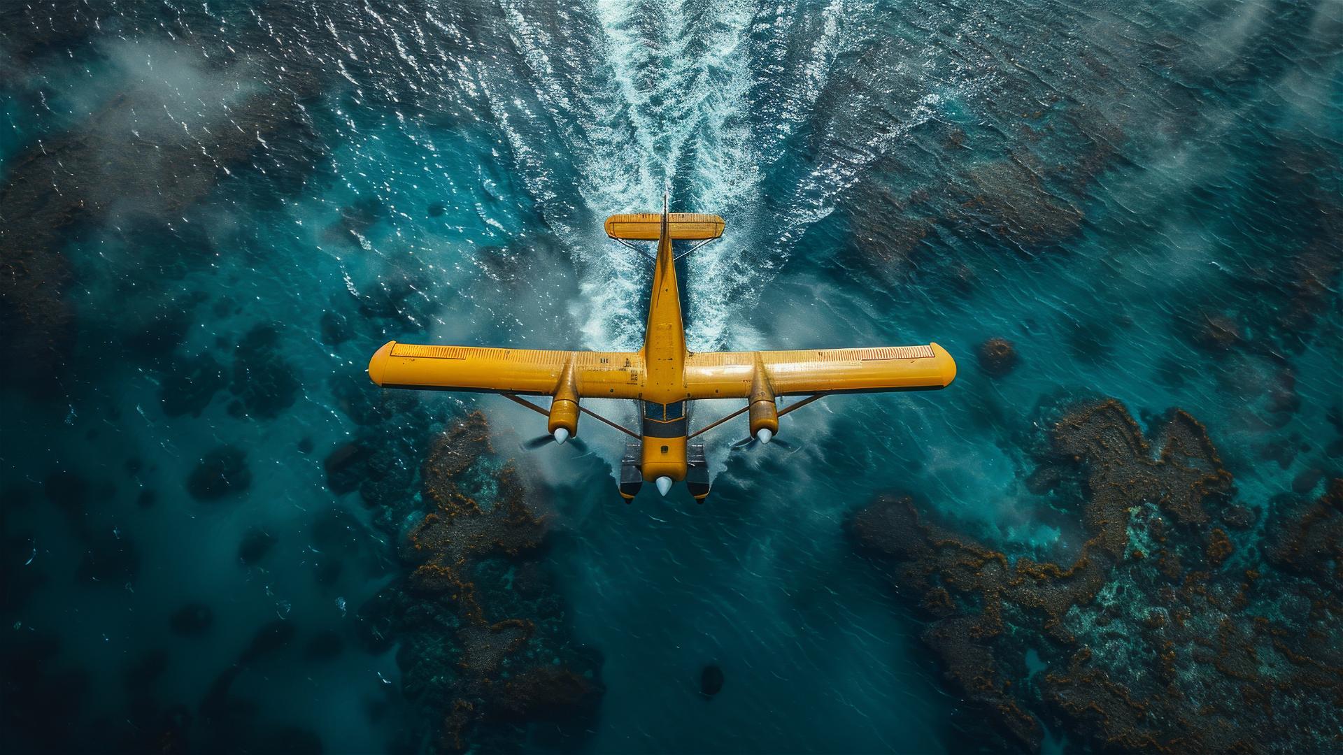 Yellow seaplane over Cameron Reef with surreal elements