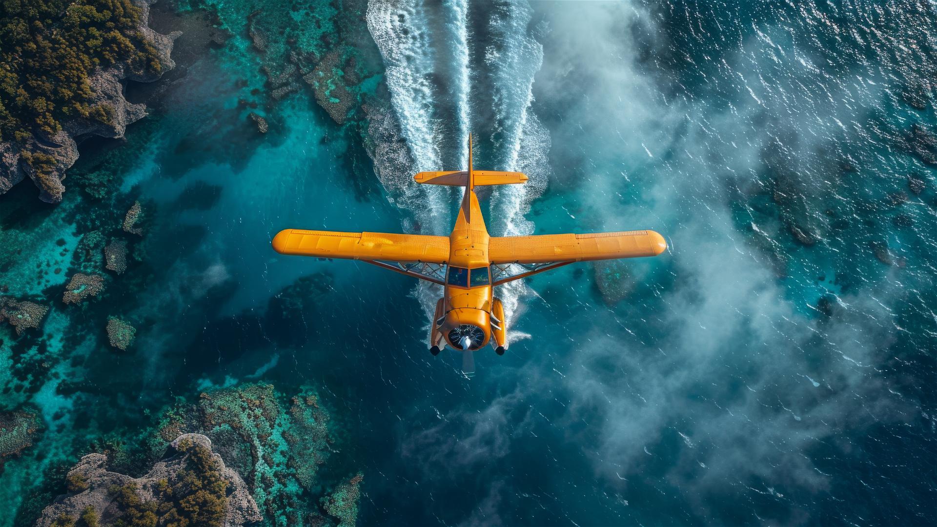 Yellow seaplane flying over the Great Cameron Reef with a white contrail against a deep blue ocean.