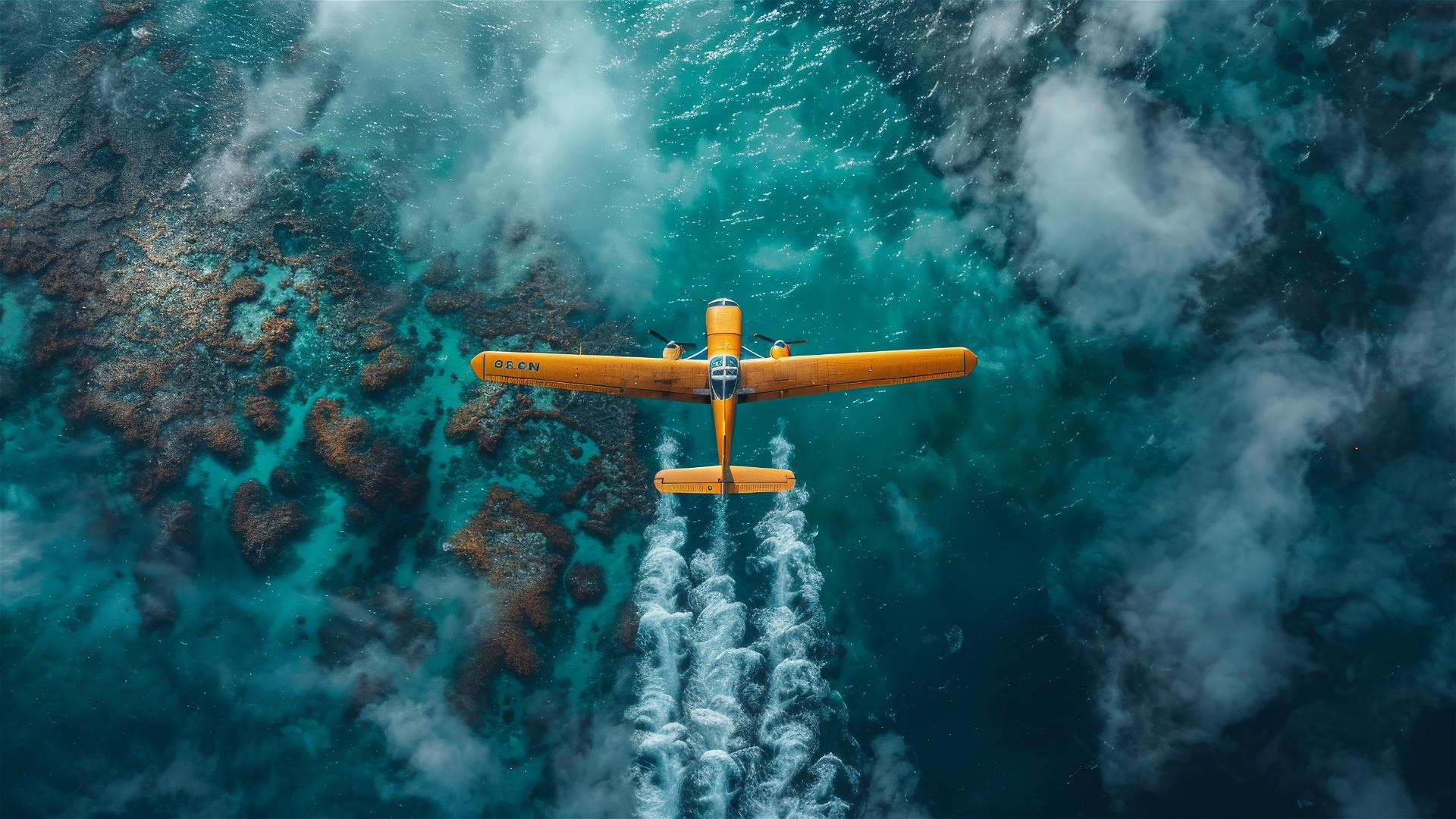 Yellow seaplane flying over the Great Cameron Reef with a white contrail against a deep blue ocean, captured in drone photography style with surreal Greatzoan elements.