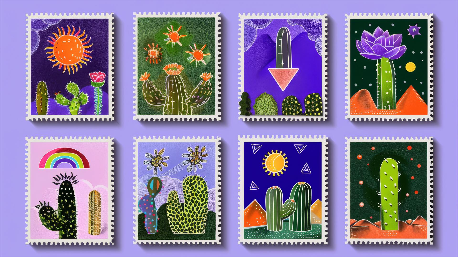 Grid of colorful postage stamps with bold shapes and patterns on blue background.