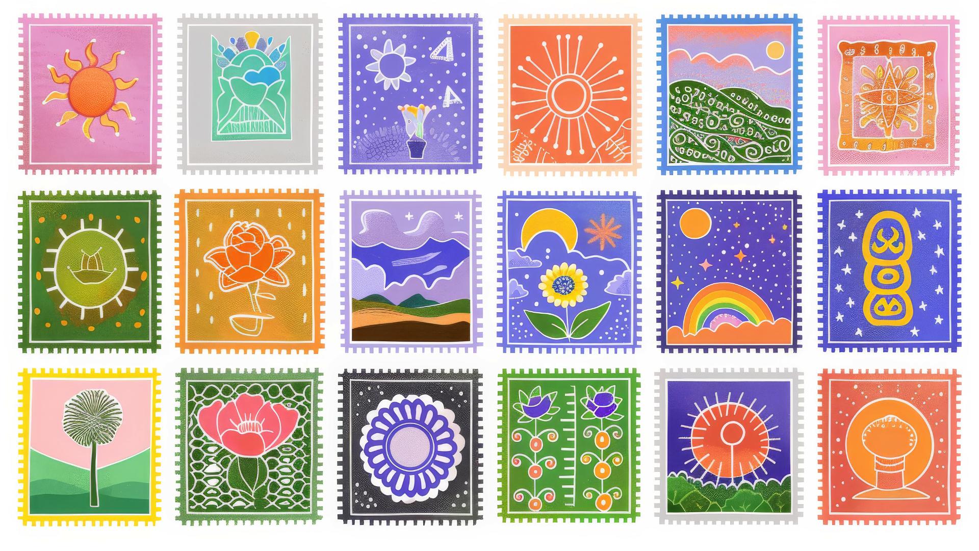 colorful postage stamps with flowers, suns, rainbows, geometric forms on blue background