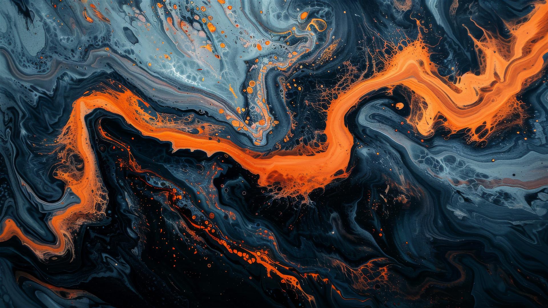 Aerial view of orange and black oil forming an S-shape on dark blue water.