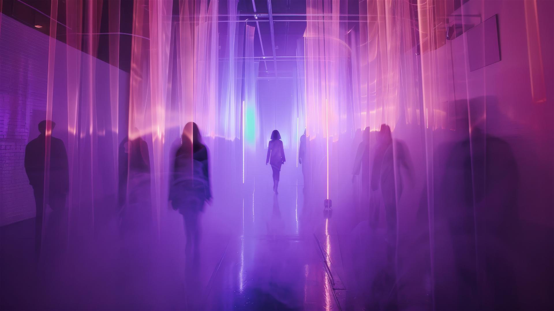 People walking through a laser smoke curtain