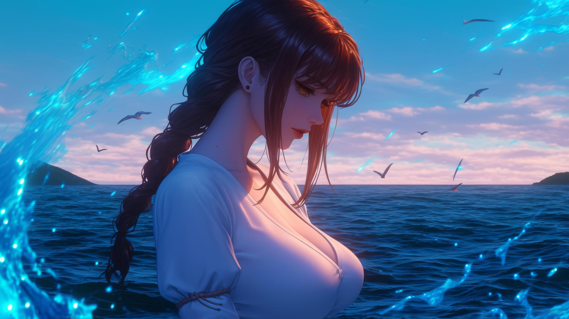 Makima from Chainsaw Man resting at sea during a neon pink sunset