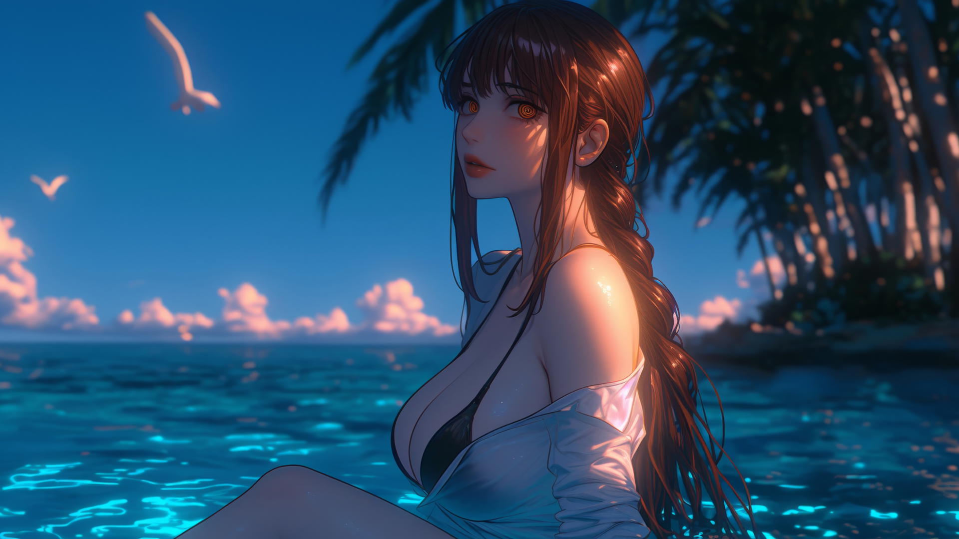 Makima from Chainsaw Man resting at sea during sunset with neon pink sky.