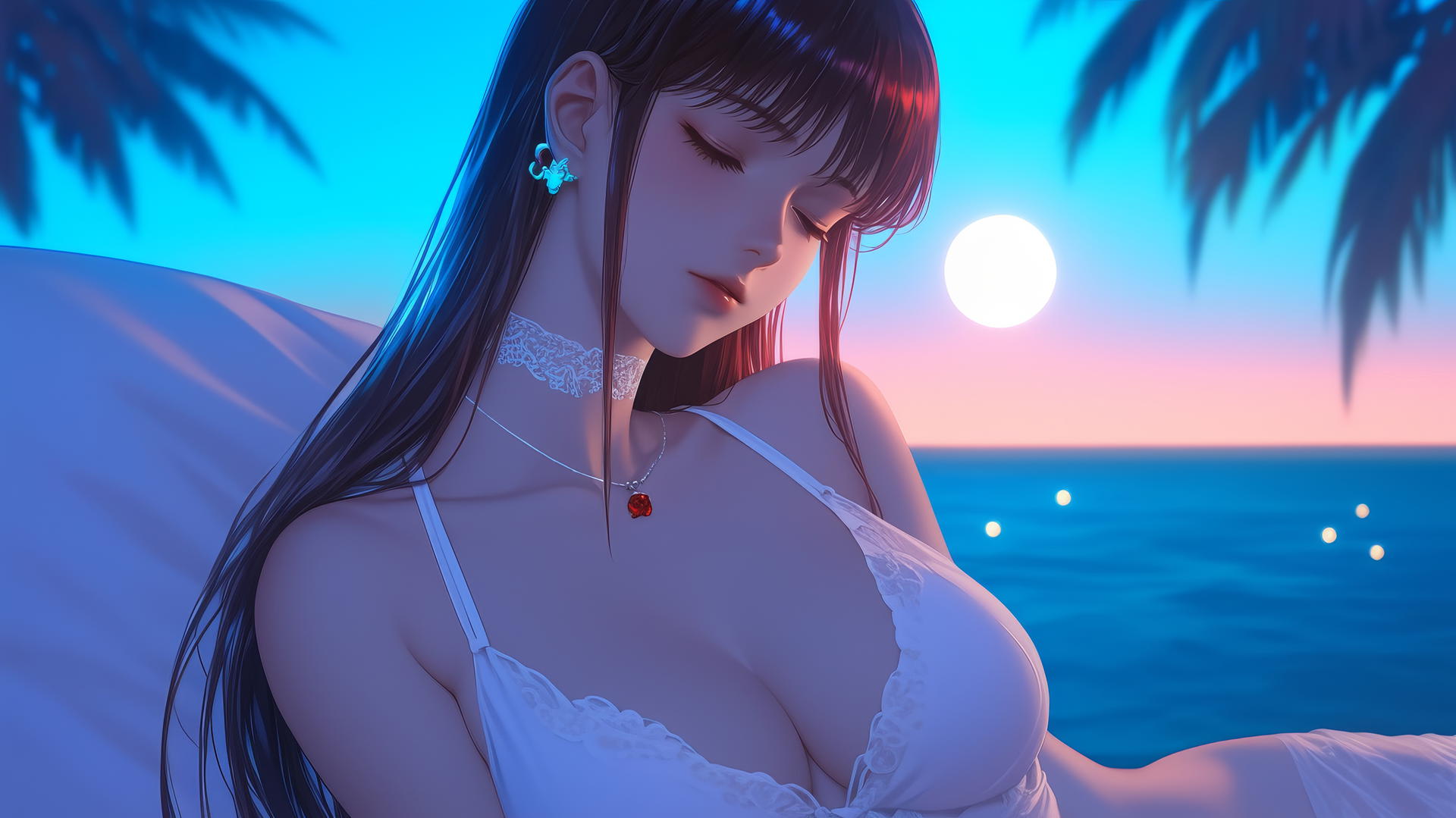 Makima from Chainsaw Man resting at sea at sunset with neon pink sky.