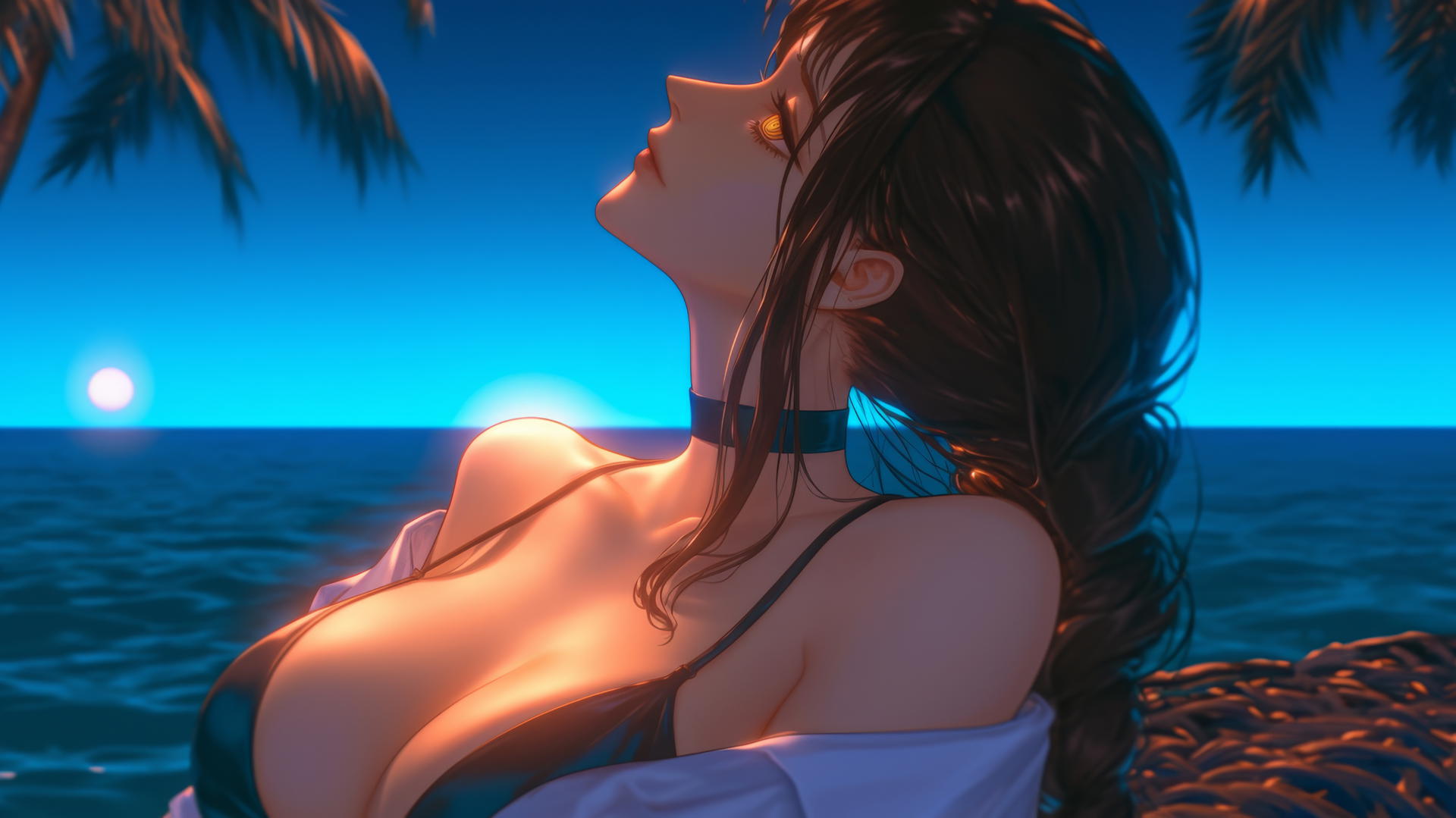 Makima from Chainsaw Man relaxing at sea during a neon pink sunset.