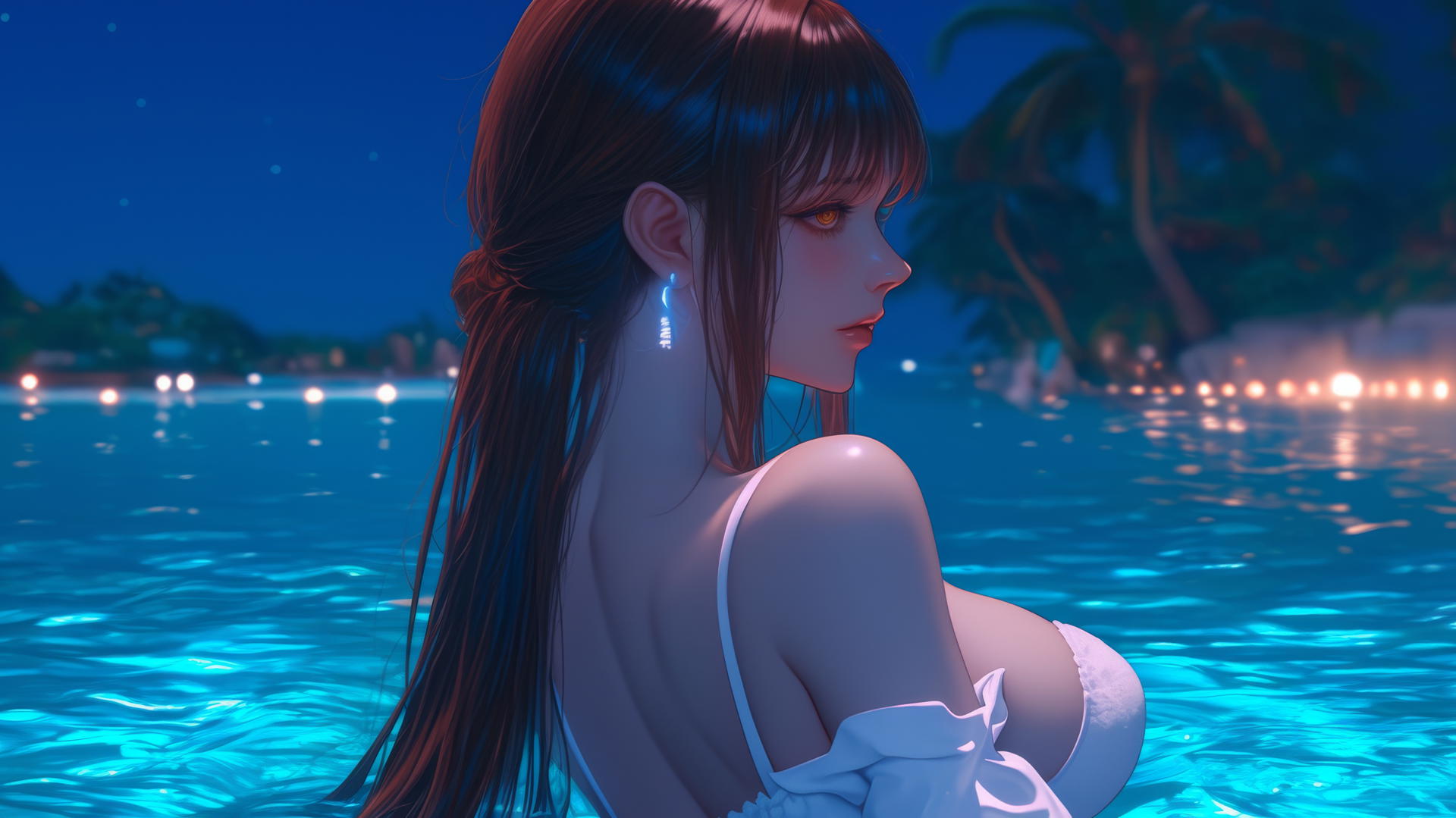 Makima from Chainsaw Man resting at sea with a neon pink sunset