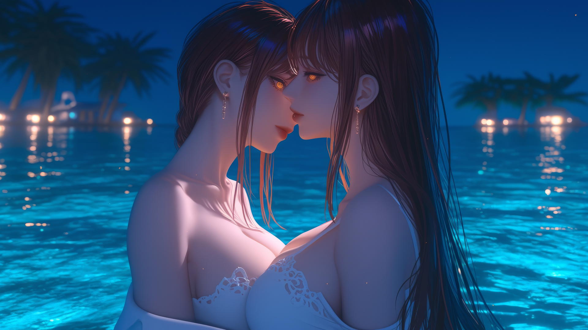 Makima from Chainsaw Man resting at sea during a neon pink sunset