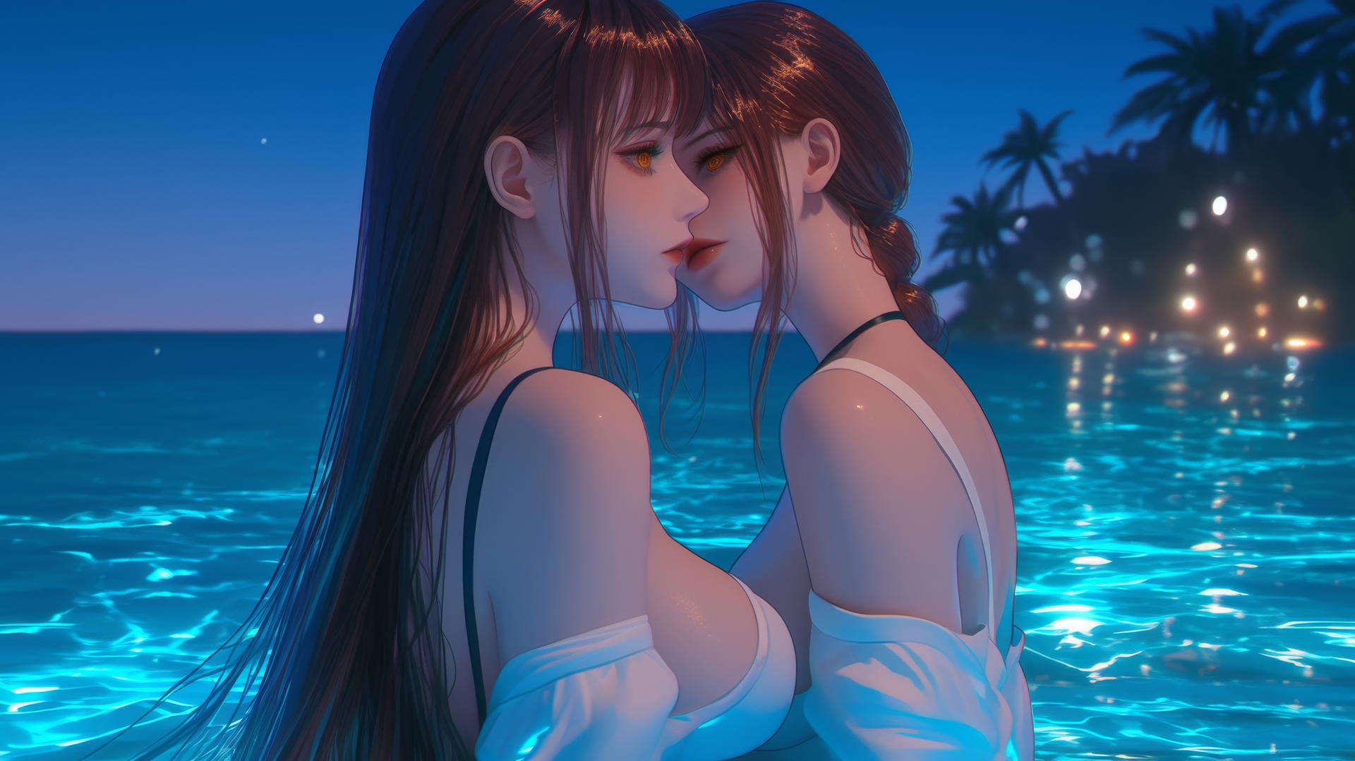 Makima from Chainsaw Man resting at sea during a romantic neon pink sunset