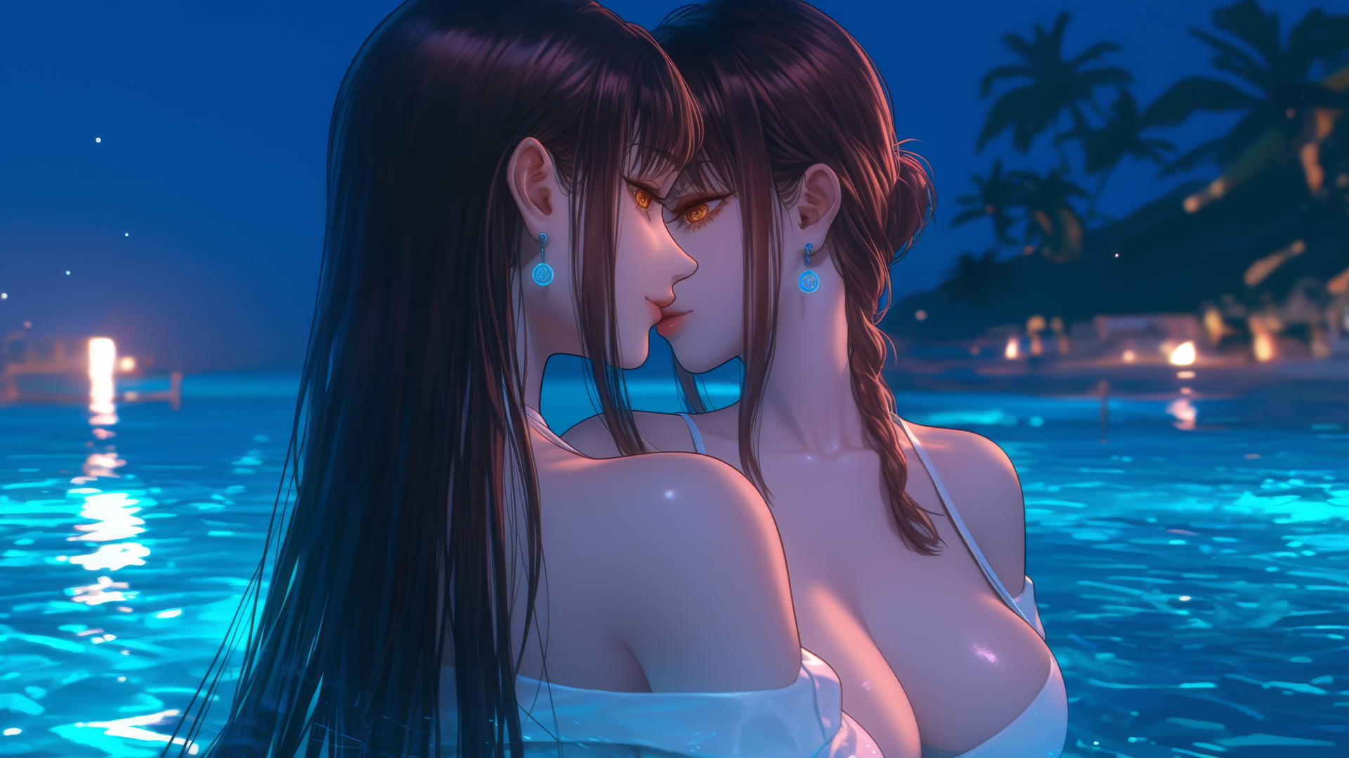 Makima from Chainsaw Man resting at sea during a neon pink sunset.