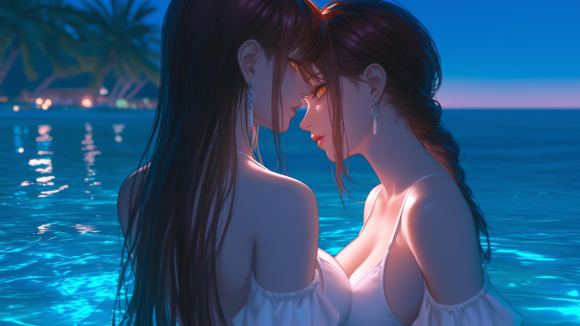 Makima from Chainsaw Man, resting at sea during a neon pink sunset