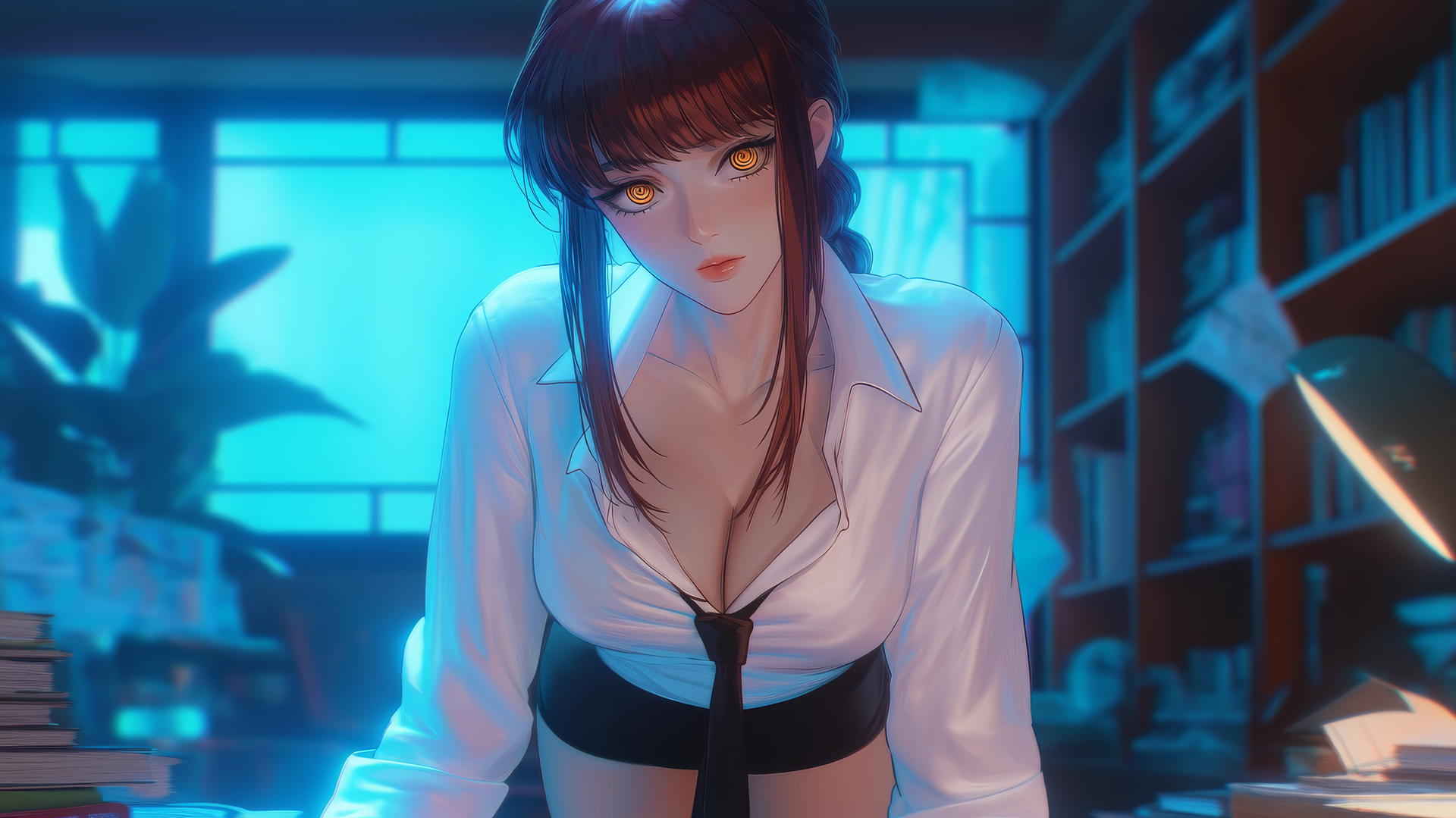 Makima from Chainsaw Man kneeling and looking down, neon light in hotel room