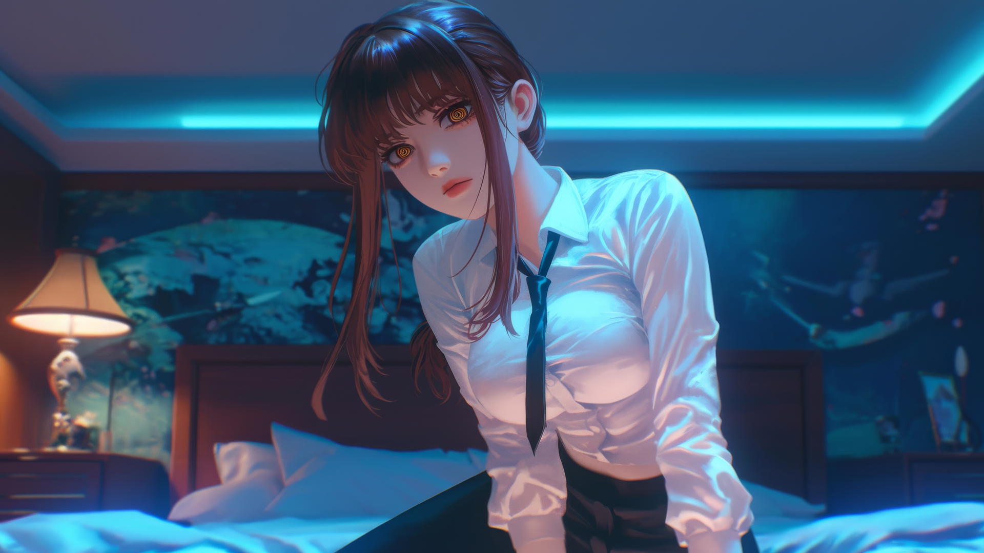 Makima from Chainsaw Man kneeling, neon-lit hotel room