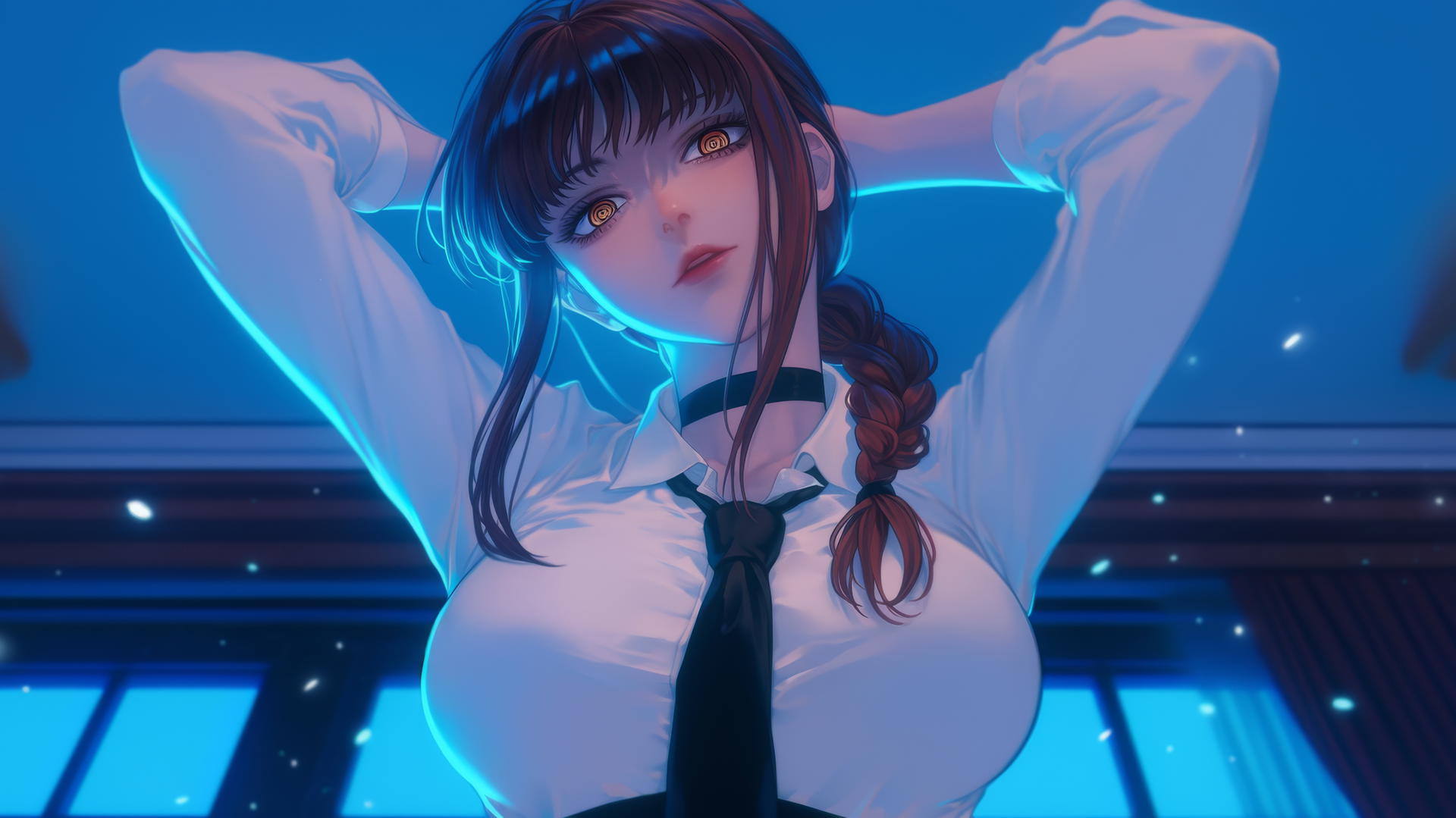 Makima from Chainsaw Man kneeling, neon-lit hotel room