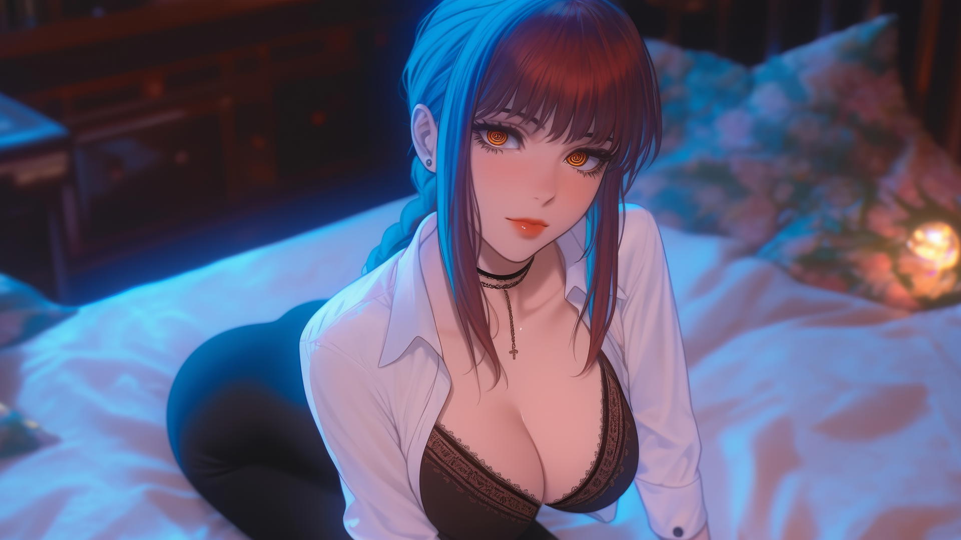 Makima from Chainsaw Man kneeling and looking up, bathed in neon light in modern hotel room.