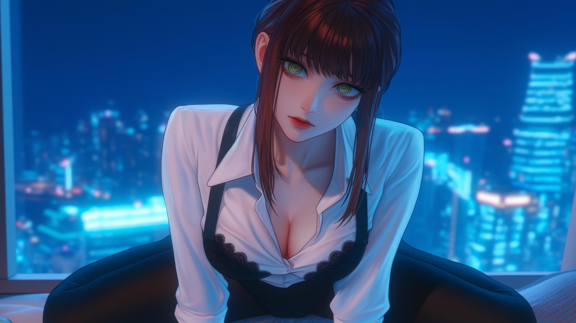 Makima from Chainsaw Man kneeling and looking up in neon-lit hotel room
