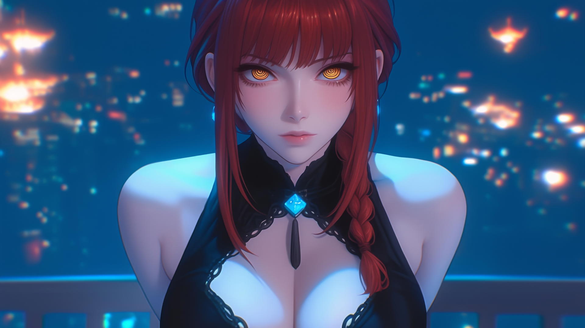 Makima from Chainsaw Man kneeling, looking up, bathed in neon light.