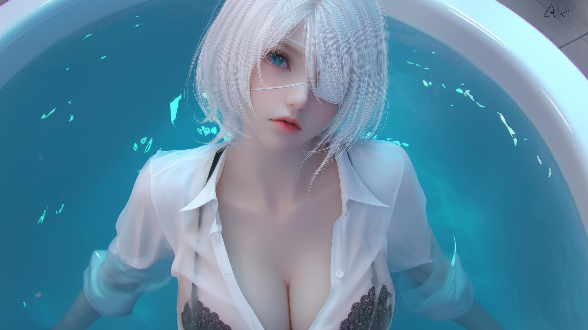 2B from Nier in a modern hotel room, wearing a white office shirt and black blindfold.